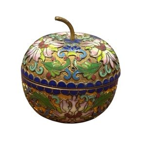 Vintage Cloisonné Floral Apple Trinket Dish Champleve 2.5” Asian Decor